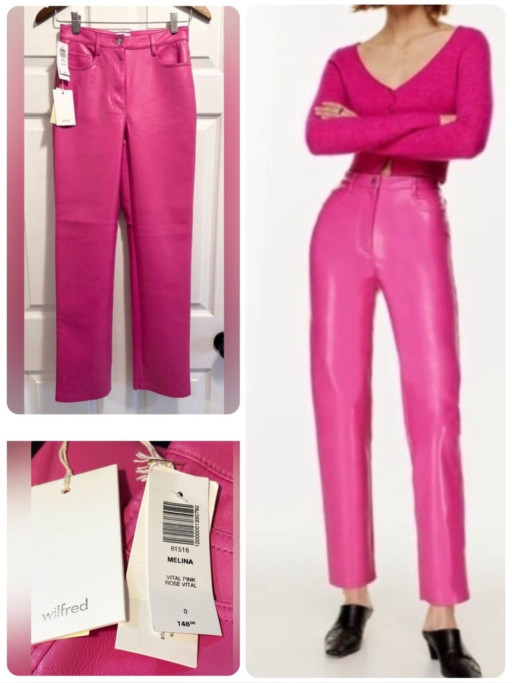 NWT Aritzia Wilfred Melina Faux Leather Pants Vital Pink Barbie Vegan Size 0
